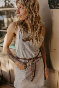 Recycled hemp and cotton apron with leather accents and straps