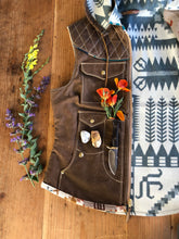 Custom womens vest with detachable hood, contrasting stitching, knife and treasure pockets